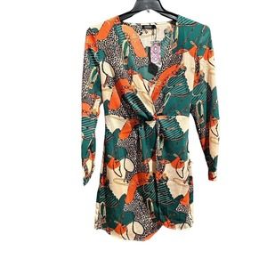 Boohoo V Neck Dress Long Sleeves Faux Wrap Side Zip Mixed Print Green Size 6